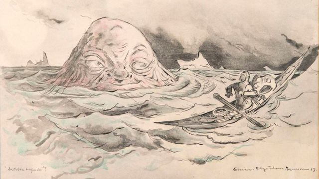 Akvarell av Ossian Elgström med titeln Det röda huvudet. Tavlan visar en man paddlande kajak på ett hav bland isberg